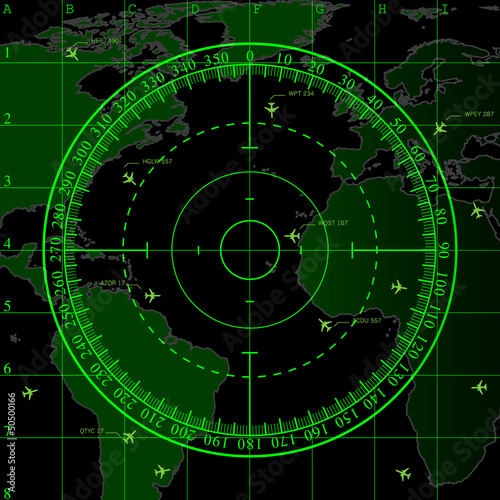 Green radar screen over map of the world, vector