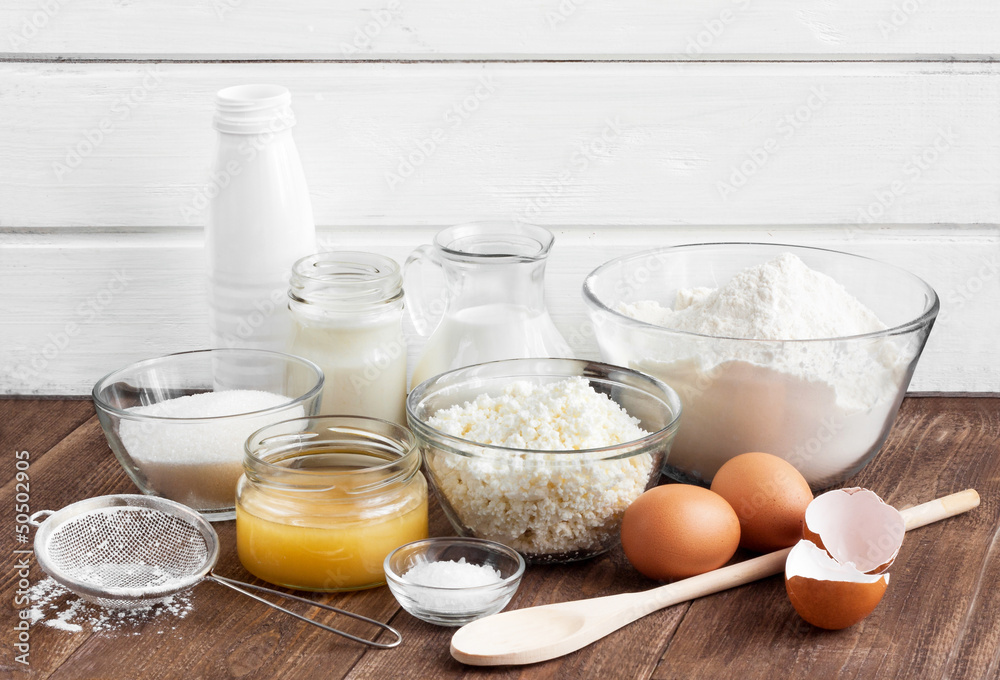 Ingredients for the dough on the wooden table