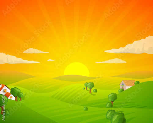Vector Illustration of a Rural Landscape with Fields and Hills