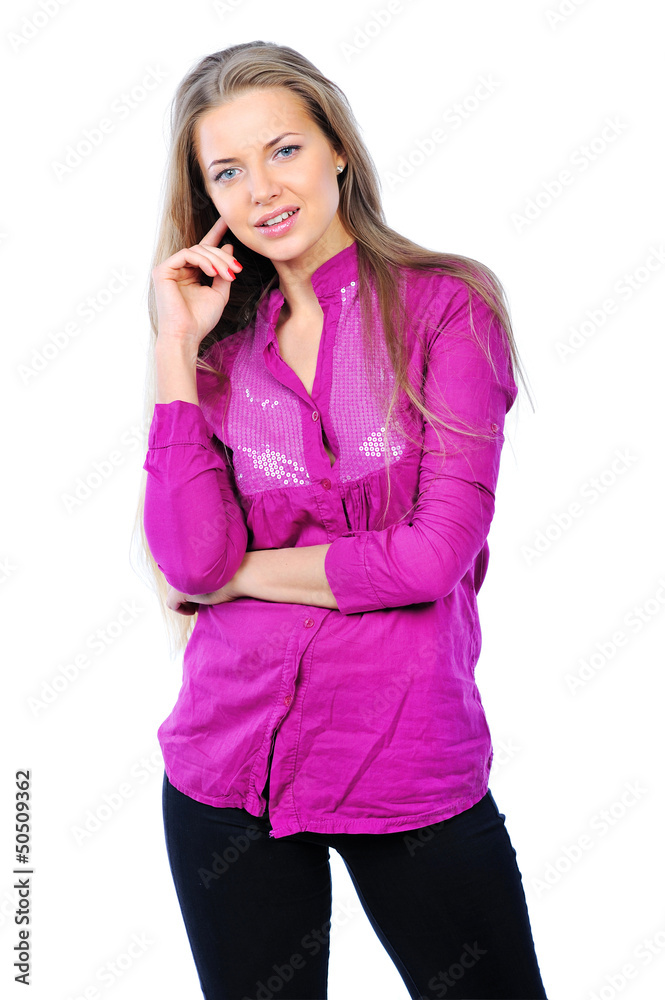 Young happy woman posing over white background Young happy woman posing over white background