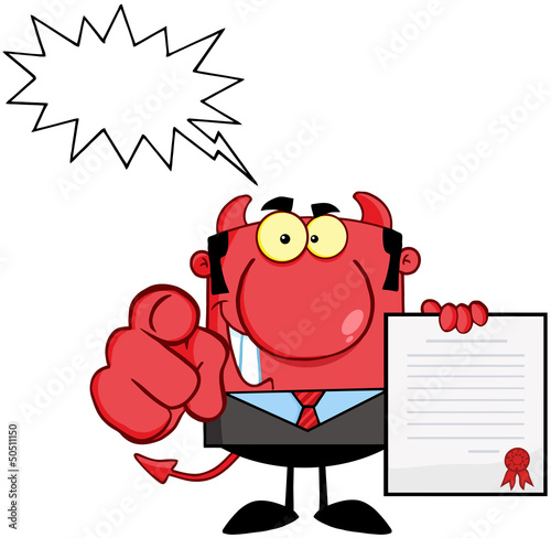 Devil Boss Holds Up A Contract And Hand Pointing Finger