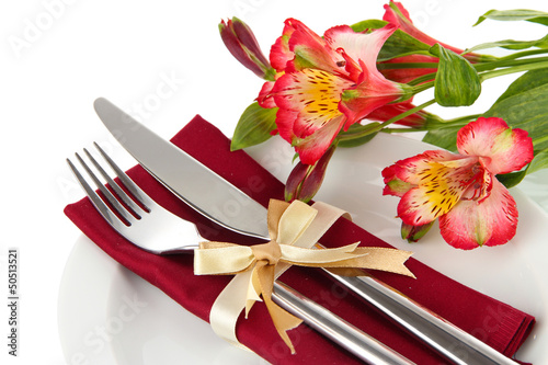 Fototapeta Naklejka Na Ścianę i Meble -  Festive dining table setting with flowers isolated on white