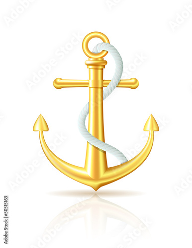 Gold anchor with rope on white background.
