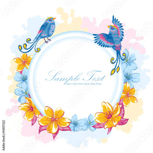 Elegant colorful flower invitation postcard with birds