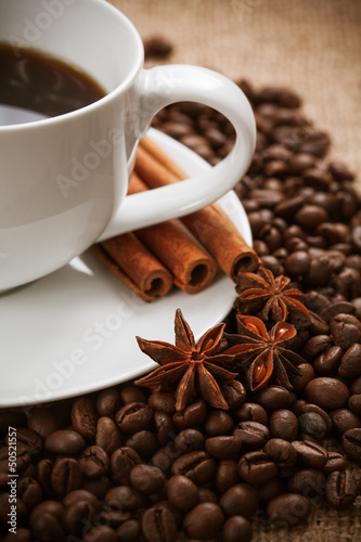 cup of aromatic coffee with cinnamon