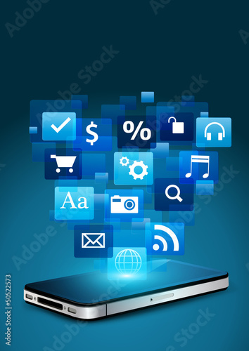 Vector Mobile phone with cloud of application icons