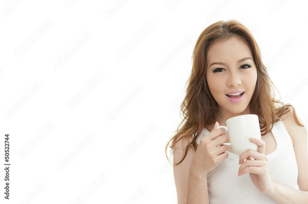 Asian woman holding Coffee cup on white Background text spa Asian woman holding Coffee cup on white Background text spa