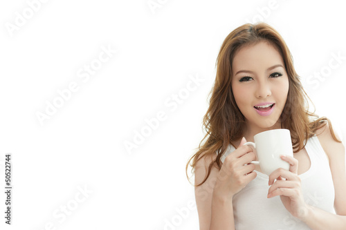 Asian woman holding Coffee cup on white Background text spa