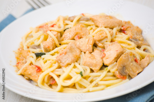 chicken breast with vegetables and mushrooms with pasta