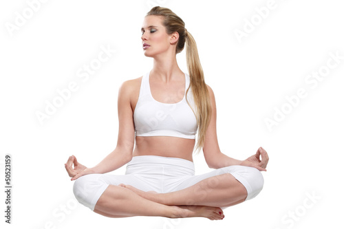 beautiful woman on white yoga sitting