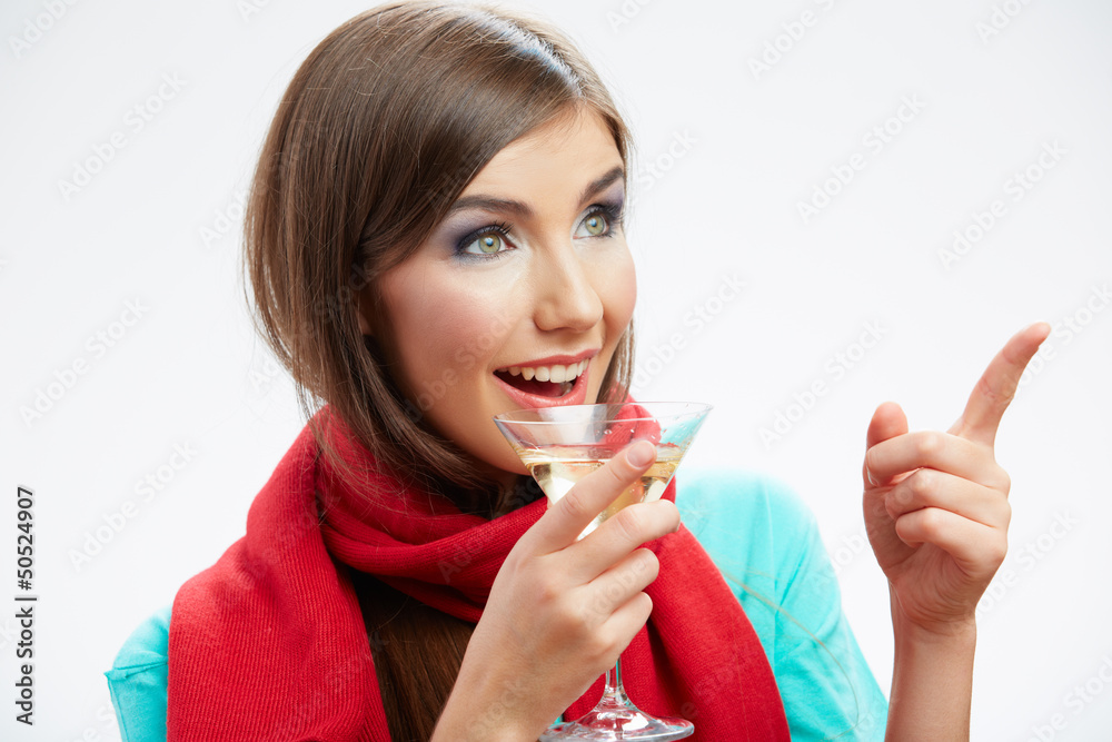 Woman winter style clothes portrait. Smiling model with alcohol Woman winter style clothes portrait. Smiling model with alcohol