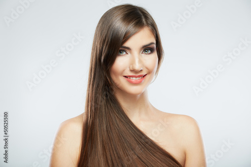  Healthy skin and makeup on beautiful face model with long hair.