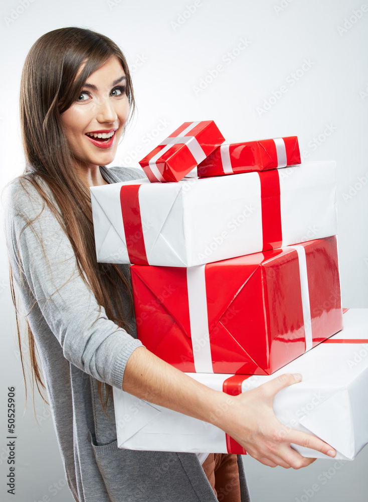 Christmas isolated woman portrait hold christmas gift. Christmas isolated woman portrait hold christmas gift.