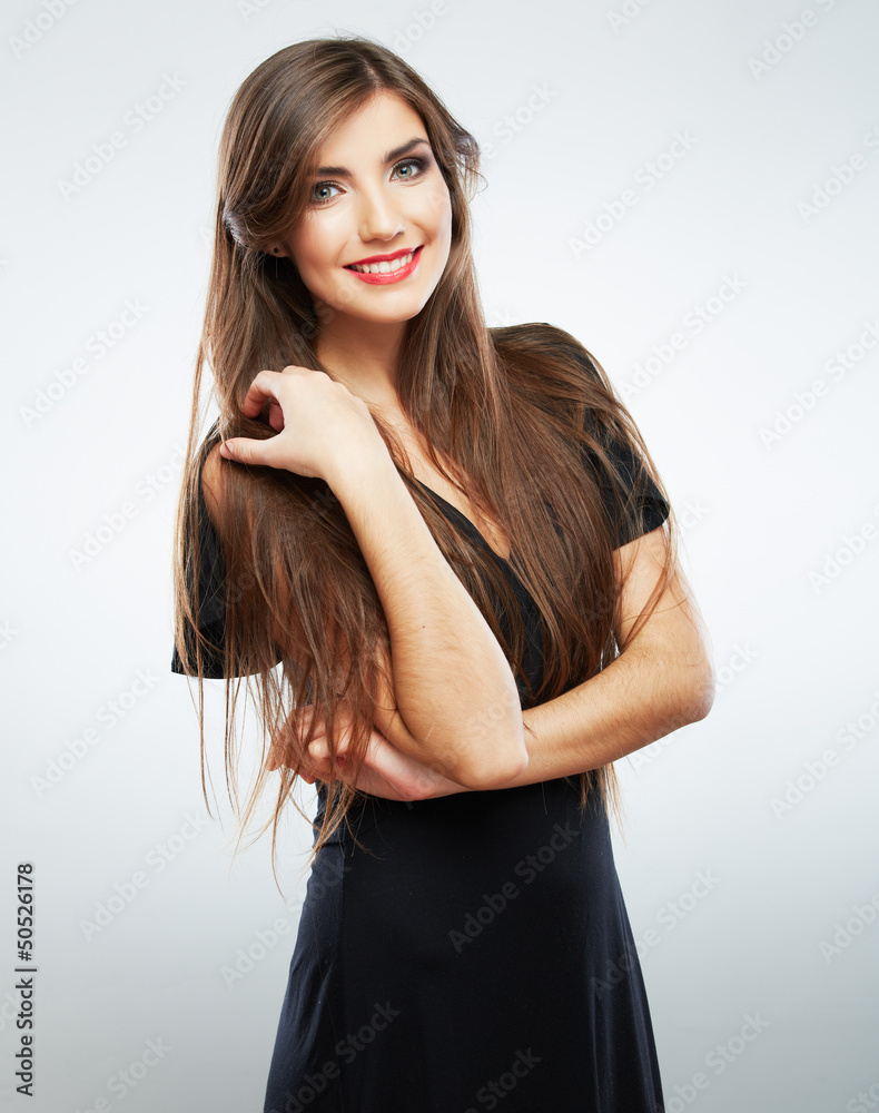 Woman fashion beauty portrait. Evening black dress. Woman fashion beauty portrait. Evening black dress.