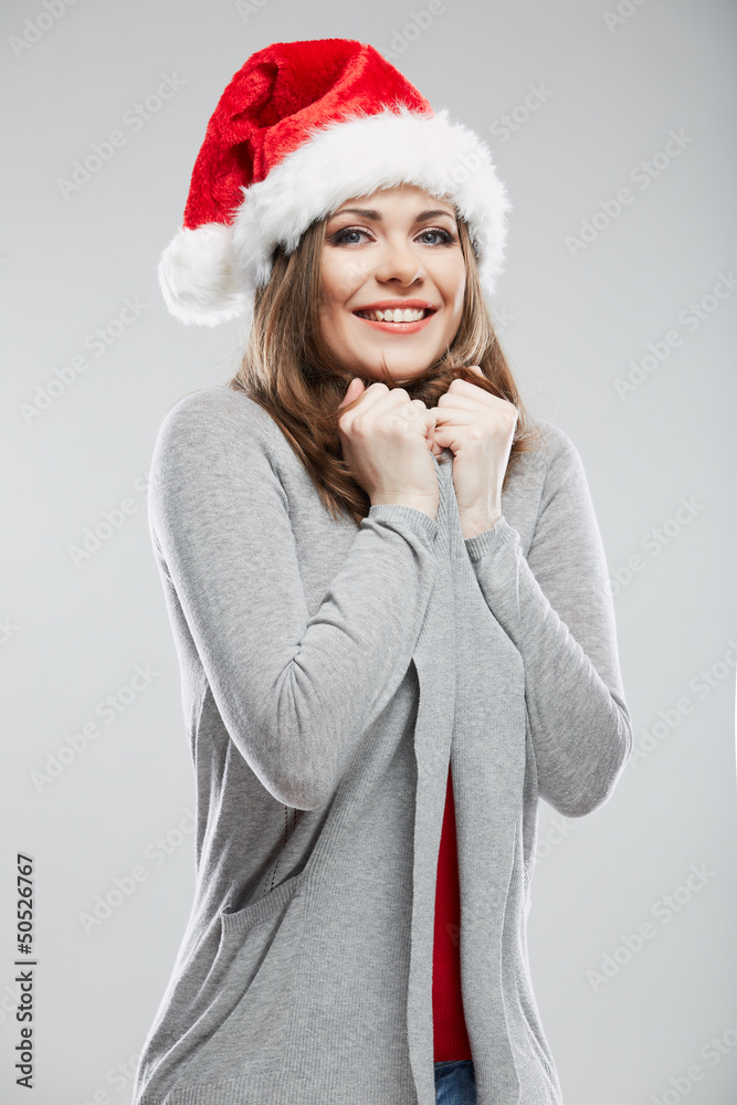 Christmas Santa hat isolated woman portrait. Christmas Santa hat isolated woman portrait.