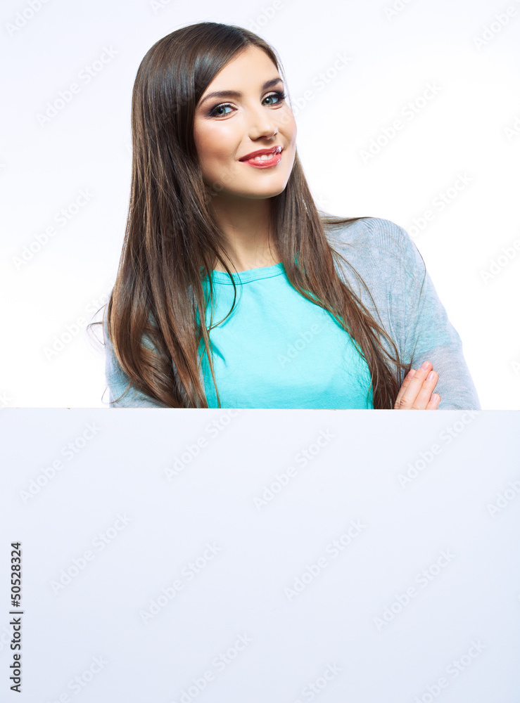 Young smiling woman yellow dressed show blank card. Young smiling woman yellow dressed show blank card.