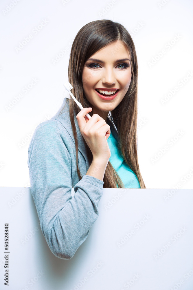 Young woman portrait hold toothy brush. Young woman portrait hold toothy brush.