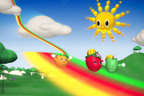 Strawberry  orange and green apple flying with rainbow