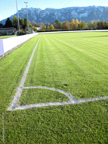 Soccer football field stadium grass, white line, light shadow on