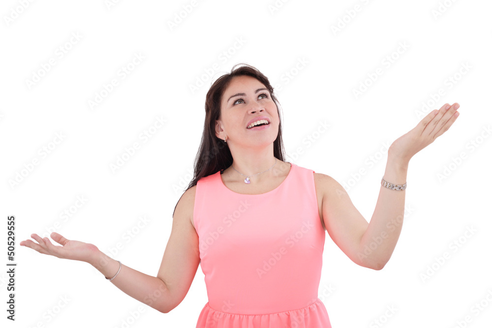 Shocked and excited woman looking up, isolated on white
