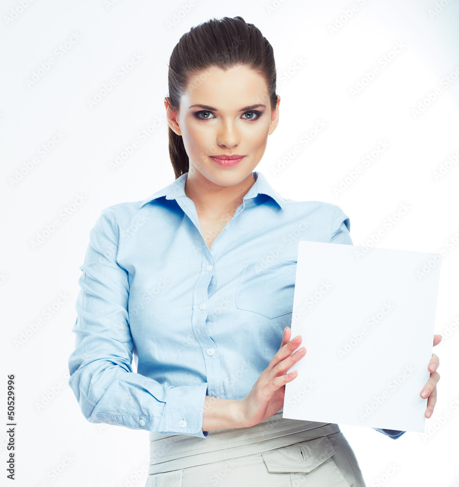 Business woman, blank board isolated portrait . Business woman, blank board isolated portrait .