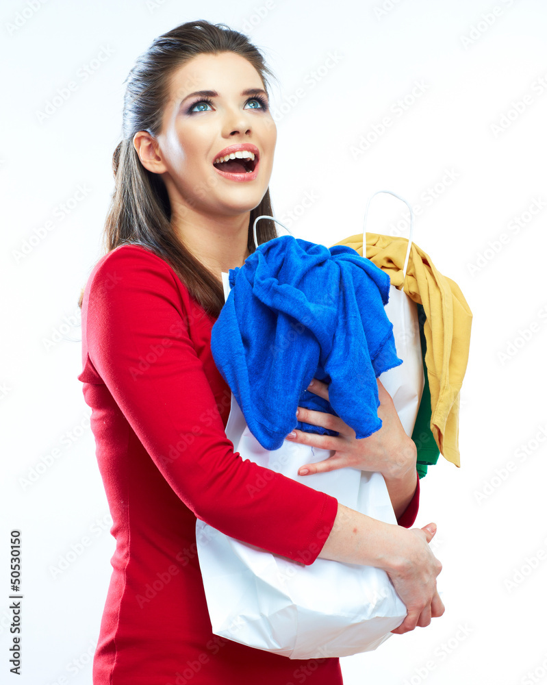 Woman hold shopping bags isolated on white background. Woman hold shopping bags isolated on white background.
