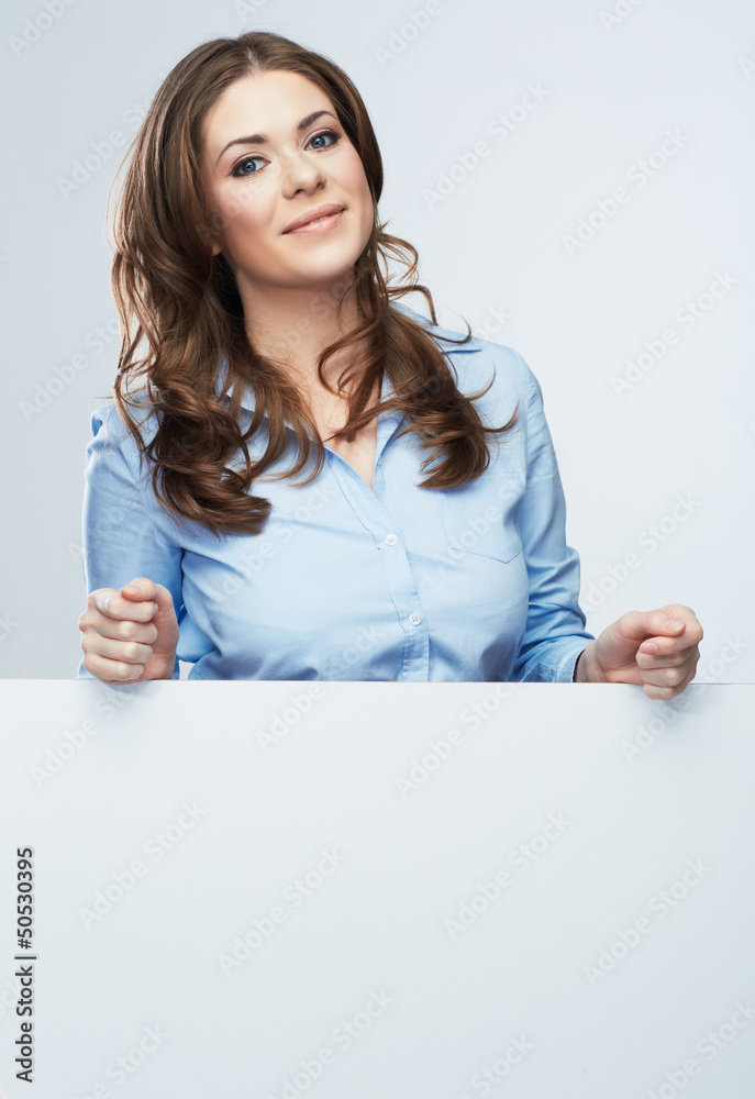Naklejka premium Business woman, blank board isolated portrait .