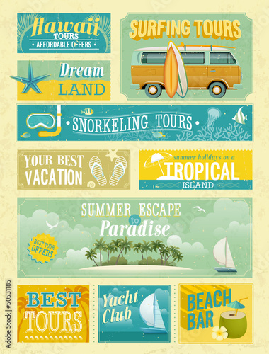 Vintage summer holidays and beach advertisements.