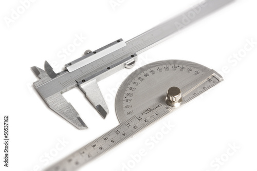 Vernier calipers and protractor isolated on white