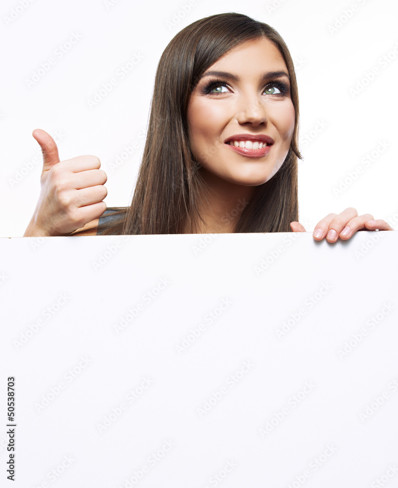 business woman face looks out advertising billboard business woman face looks out advertising billboard