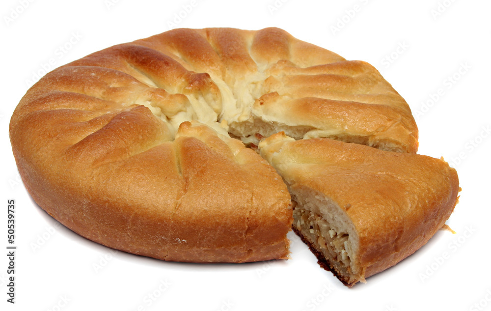 large round cake with cabbage isolated on white background large round cake with cabbage isolated on white background