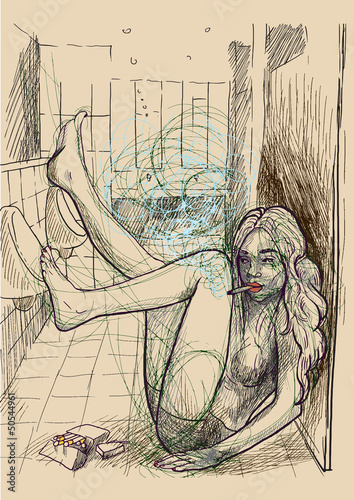 young woman in underwear in the men's toilet smokes