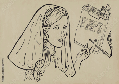 young girl, like a nun, elegantly smoking a cigarette