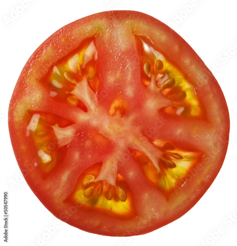 Close up tomato slice. Isolated on white background.