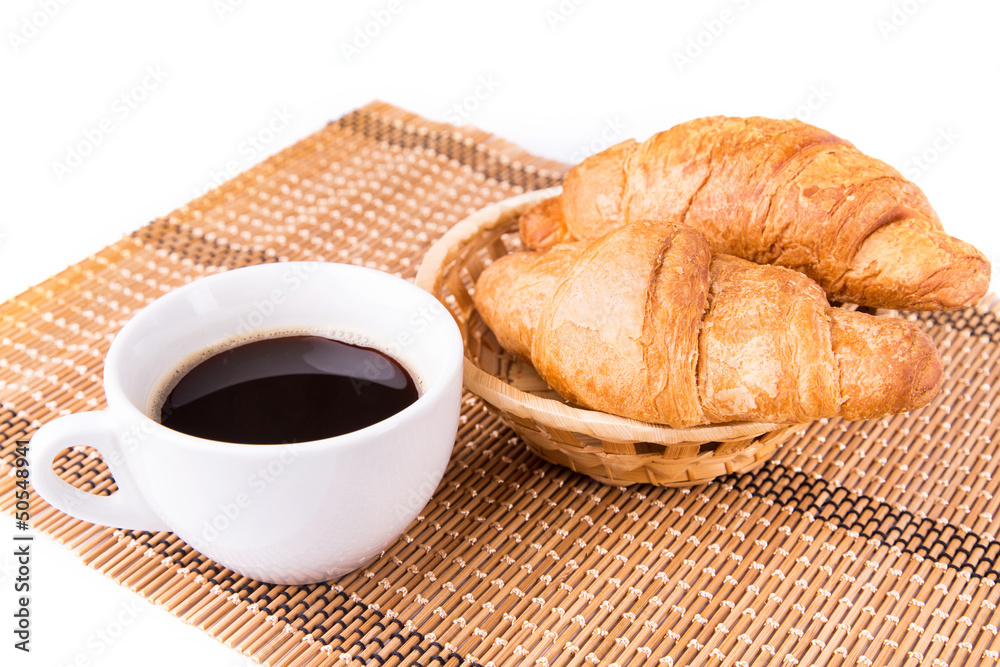 Fresh and tasty French croissants, cup of coffee served Fresh and tasty French croissants, cup of coffee served