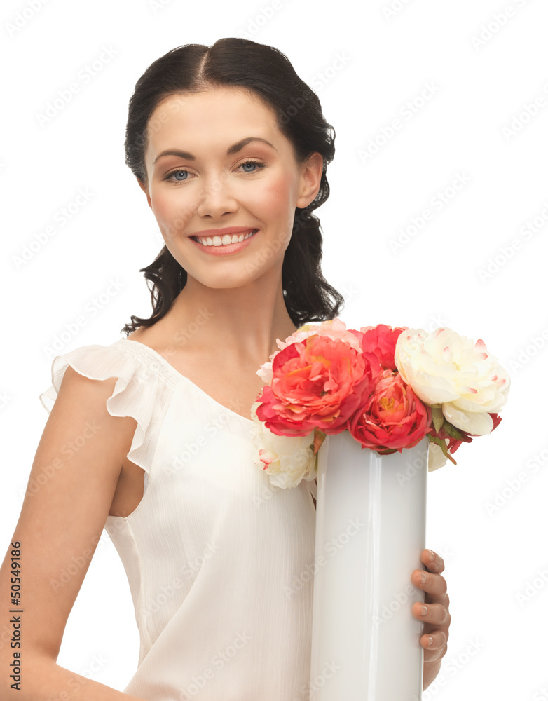 woman with vase of flowers woman with vase of flowers