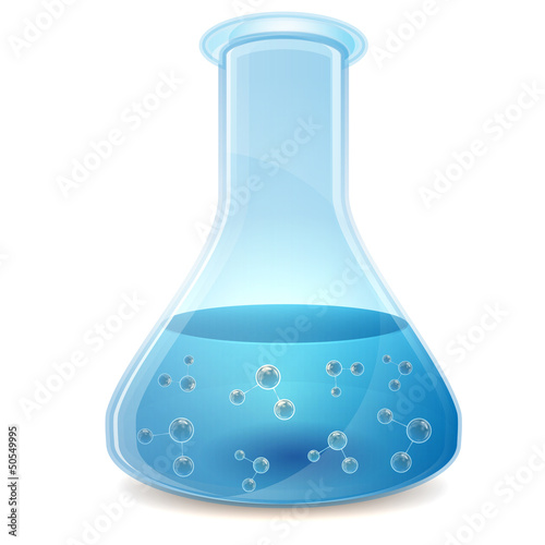glass retort with a blue liquid