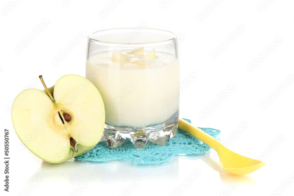 Delicious yogurt in glass with apple isolated on white Delicious yogurt in glass with apple isolated on white