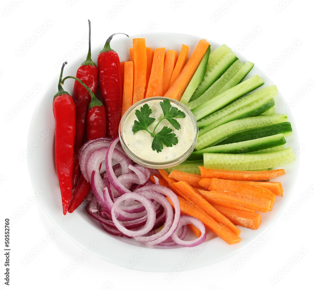 Assorted raw vegetables sticks in plate isolated on white Assorted raw vegetables sticks in plate isolated on white