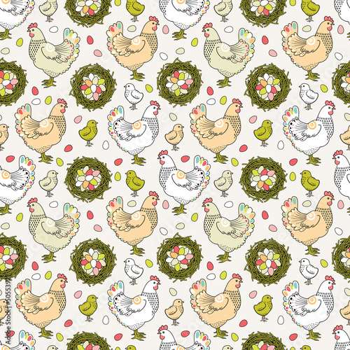 Easter seamless pattern with hen and nest