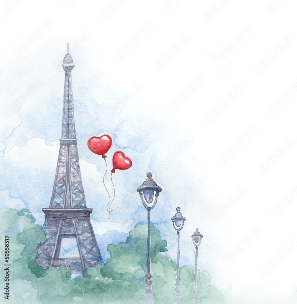 Fototapeta premium Watercolor background with illustration of eiffel tower