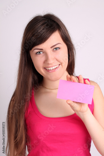 Girl with a pink card