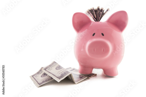 Fototapeta Naklejka Na Ścianę i Meble -  Pink piggy bank standing on dollars with dollar note stuck in it