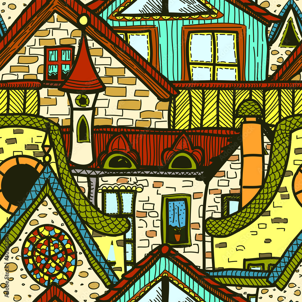 Hand-drawn seamless pattern with old town