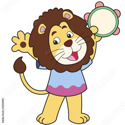 Cartoon Lion Playing a Tambourine