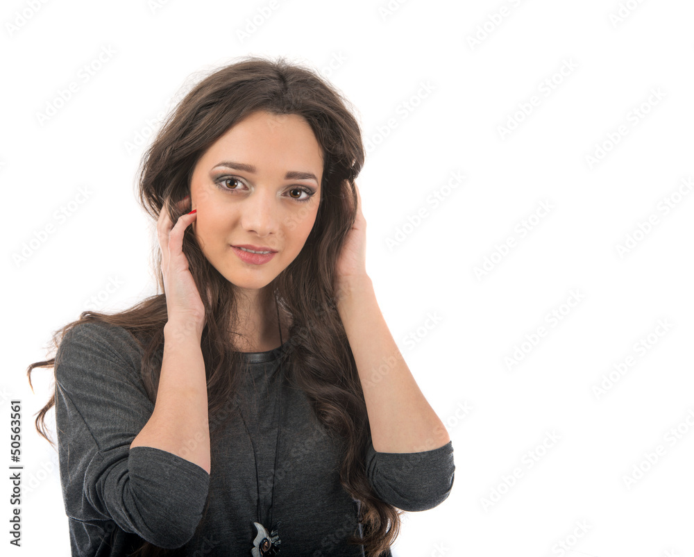 beautiful young woman posing in studio on white background beautiful young woman posing in studio on white background