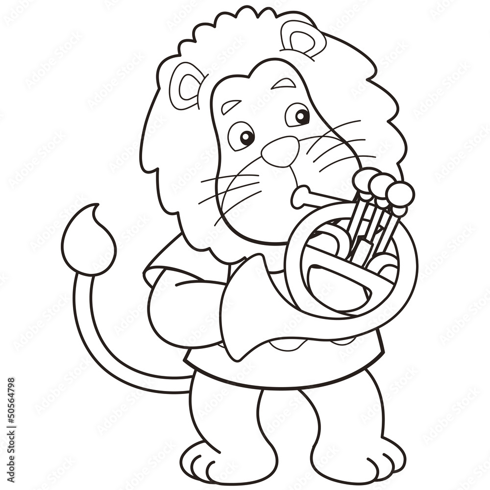 Cartoon Lion Playing a French Horn