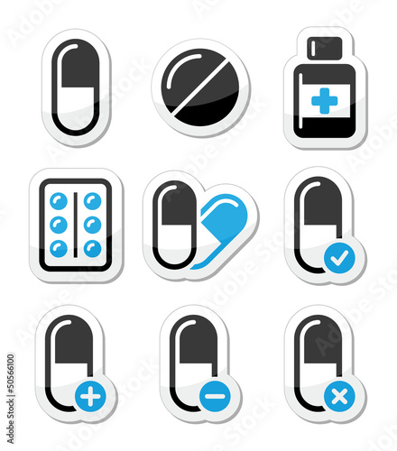 Pills, medication  vector icons set photo