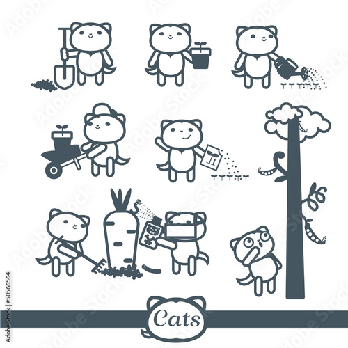 Cats Vector icons. 8 Symbols Set: gardening