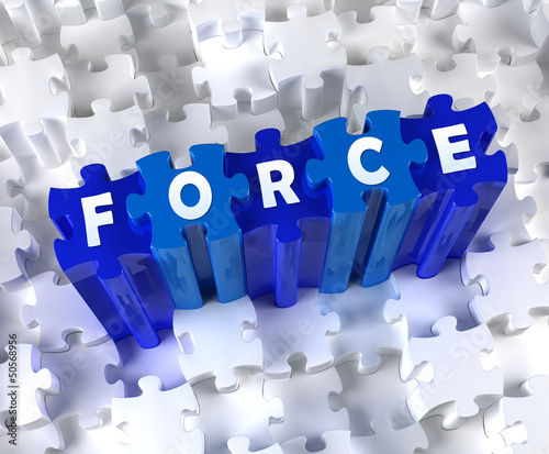 Creative 3D pieces of puzzle and word FORCE © moneyrender